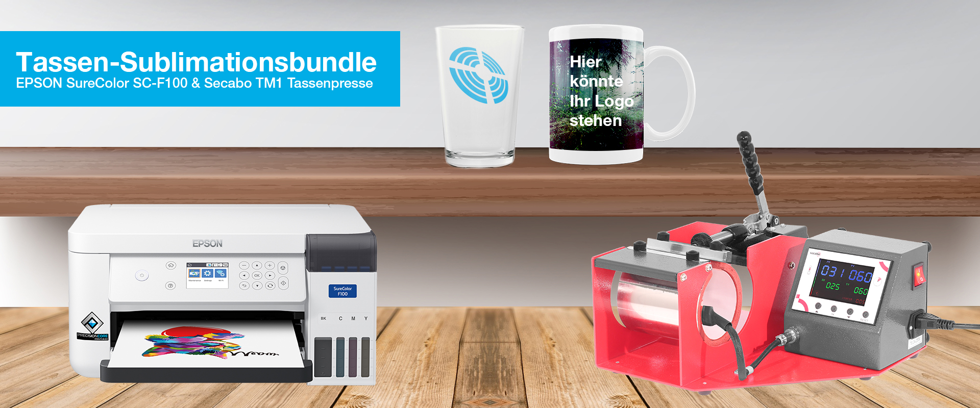 Komplettansicht des Tassen-Sublimationsbundles mit Drucker, Presse und Papier