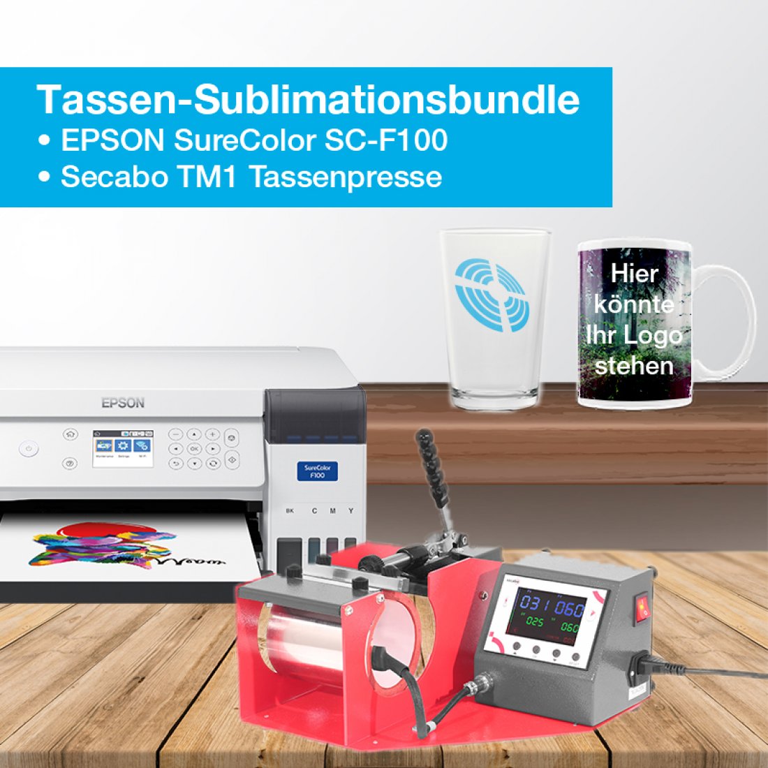 Kit Imprimante + Presse(s) EPSON - EPSON SC-F100 + 1 jeu d'encre + SECABO  TM1 pour mugs + SECABO TC2 à plat 23x33cm