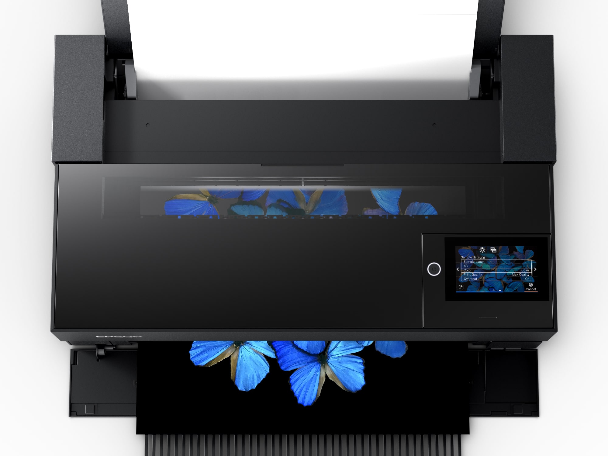 Epson SureColor SC-P900 von oben – Touchscreen, hintere Papierzufuhr und beleuchteter Papierpfad