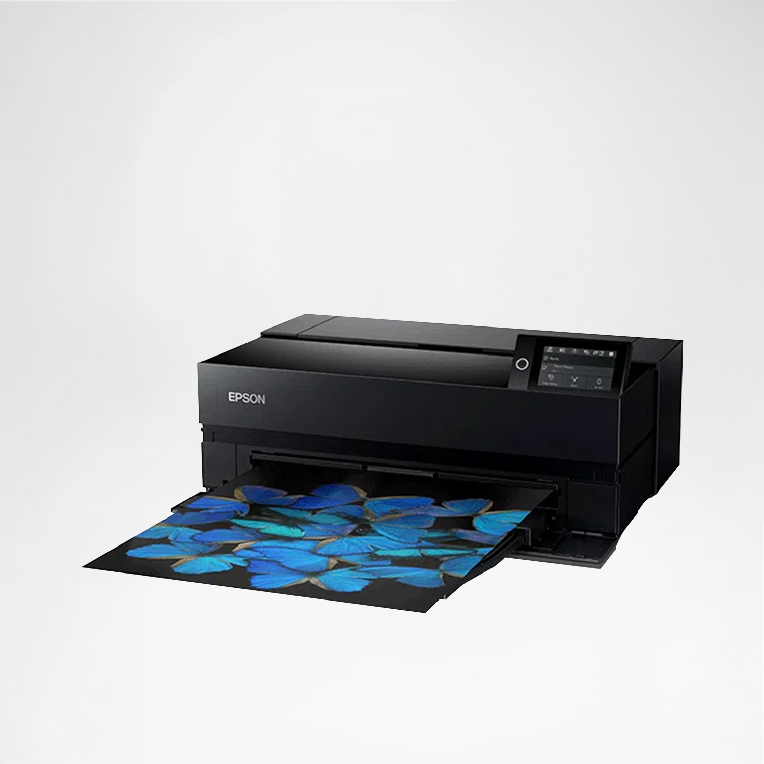 Epson SureColor SC-P900 A2+ Fotodrucker – Schrägansicht mit Fotodruck von blauen Schmetterlingen