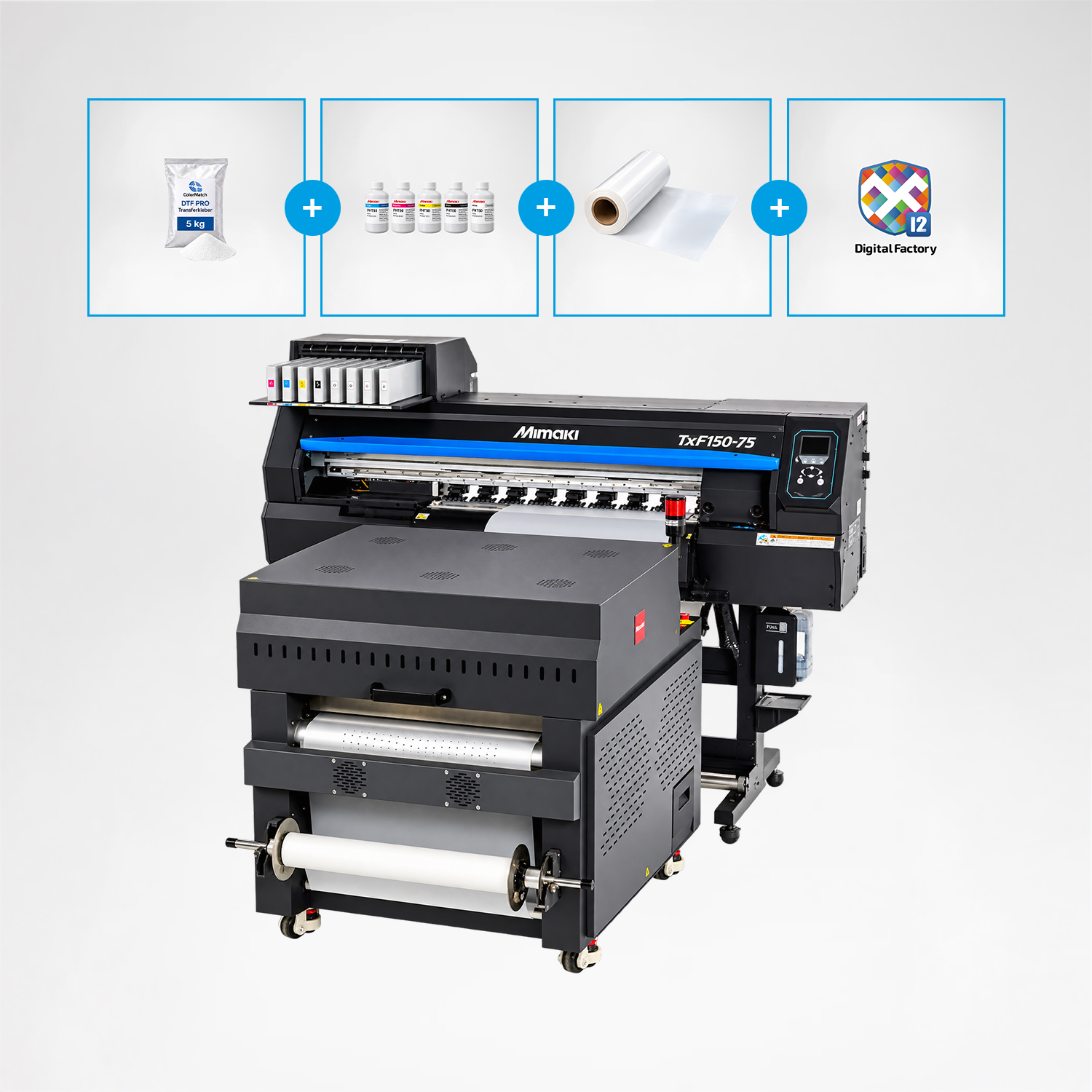 Mimaki TxF150-75 DTF-Drucker Komplettset mit Adkins Inline Mini Pro 600 & Digital Factory