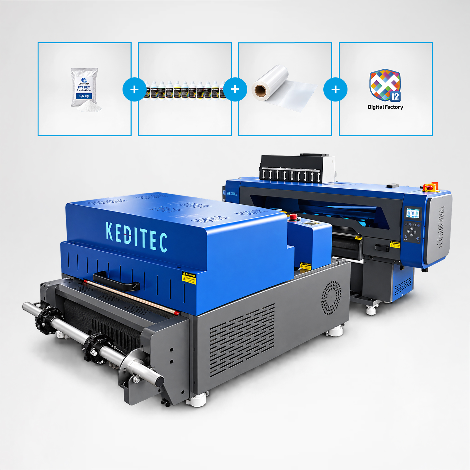 KEDiTEC 30 DTF-Powerpaket – DTF-Drucker & Powder Shaker mit Fluofarben | 33 cm Rolle-zu-Rolle Komplettset
