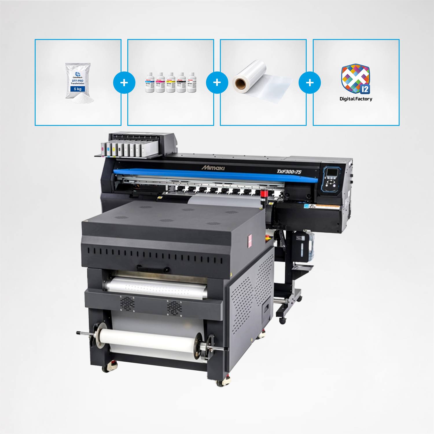 Mimaki TxF300-75 DTF-Powerpaket mit Adkins DTF Inline Mini Pro 600 – professionelles DTF-Komplettsystem